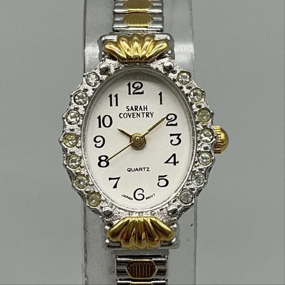 Sarah Coventry Womens Watch 19mm White Oval Dial Gem Bezel Stretch New Battery